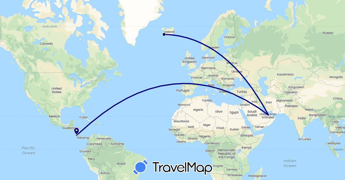 TravelMap itinerary: driving in United Arab Emirates, Costa Rica, Iceland (Asia, Europe, North America)